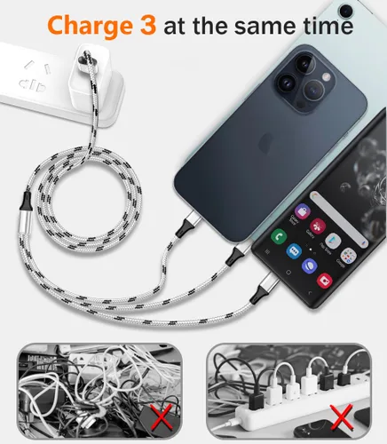 Vista 2 de Cable de carga múltiple, paquete de 3 cables de carga múltiple de nailon trenzado múltiple USB universal 3 en 1 adaptador de cable de carga