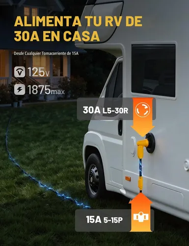Vista 4 de MECMO Adaptador de 30 amperios a 110 RV con conector de bloqueo, cable de enchufe de alimentación NEMA 5-15P a L5-30R, adaptador doméstico de 15 A