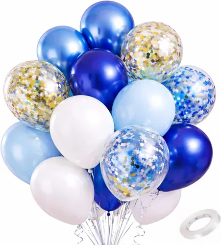 Vista 14 de Kit de guirnalda de globos azules y blancos plateados, 60 globos de látex de confeti azul cromado, blanco y plateado de 12 pulgadas para baby
