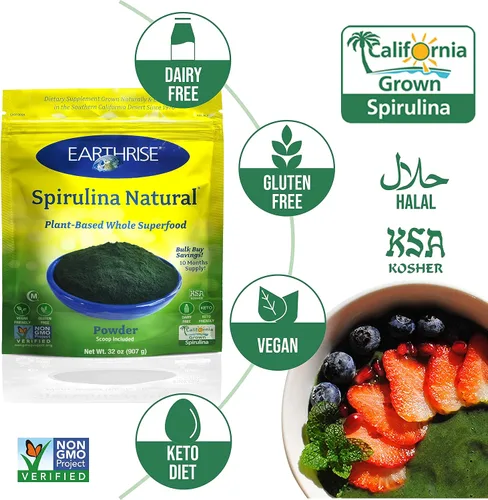 Vista 4 de Earthrise Spirulina Polvo natural de 32 onzas, espirulina natural premium de California, vegano, sin gluten, apto para ceto, sin OMG, súper alimento