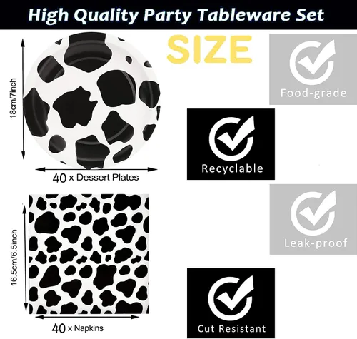 Vista 3 de Juego de 80 platos y servilletas de vaca con estampado de vaca, platos y servilletas de 7 pulgadas, servilletas para decoración de cumpleaños