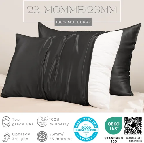 Vista 2 de PROMEED Funda de almohada de seda negra de grado 6A+ con cremallera, 23 fundas de almohada de seda de morera natural Momme para cabello y piel, Negro