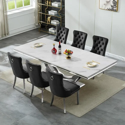 Vista 51 de SSLine Juego de mesa de comedor de mármol sintético blanco de 68 pulgadas