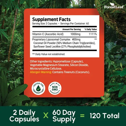 Vista 6 de ForestLeaf Vitamina C Liposomal 1000mg Cápsulas Suplemento Liposomal de Vitamina C de Alta Dosis con Ácidos Grasos de Aceite de Coco Absorción