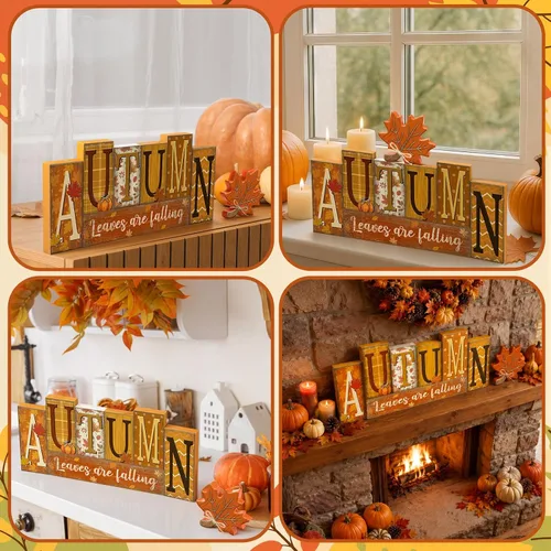 Vista 5 de Threehoney 8 piezas de decoración de mesa de otoño, hojas rústicas de otoño, letrero de madera, hojas de arce, bloque de madera, centro de mesa