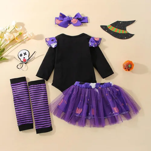 Vista 7 de DOMOABEI My First Halloween - Conjunto de bebé niña recién nacida falda calabaza mameluco 0-18 meses Púrpura