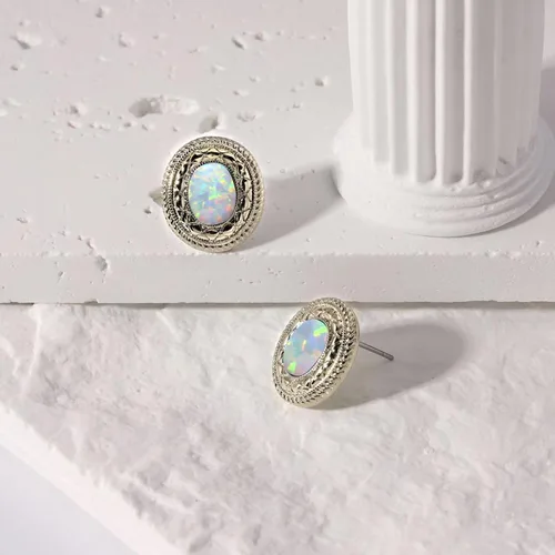Vista 4 de Aretes de ópalo para mujer, piedras preciosas naturales, color blanco y azul, juego de joyas de ópalo ovalado, hipoalergénicos, piedra natal