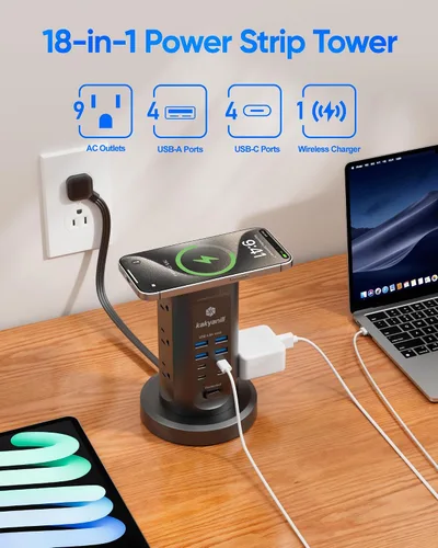 Vista 3 de Torre de Regleta de Alimentación, kakyanill Torre Protectora contra Sobretensiones 9 Tomas de CA 8 USB (4 USB C), Cable de Extensión Retráctil de 6