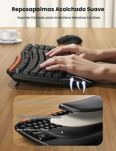 Vista 2 de Combo de teclado y mouse inalámbricos ergonómicos, 2.4G de tamaño completo con teclado de onda y reposa muñeca acolchado, escritura natural, mouse