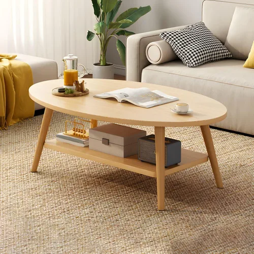 Vista 13 de Mesa de centro individual de madera, mesa de café, mesa de cóctel, mesa de centro de apartamento, sofá, mesa lateral ovalada, patas de madera, mesa