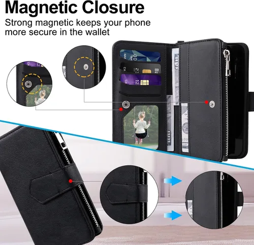 Vista 5 de Funda para iPhone 11, 2 en 1 magnética desmontable, funda de piel sintética con tarjetero para iPhone 11, color negro