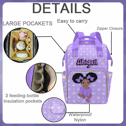Vista 3 de Newcos Bolsa de pañales personalizada con estampado de corona con nombre personalizado de África negra para mujer, bolsa de pañales de viaje casual