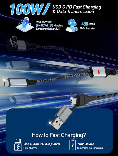 Vista 5 de Cable de carga múltiple de 100 W para Garmin Watch, cable de carga rápida USB múltiple de 10 pies con USB-C (100 W), Lightning, Micro-USB y cargador