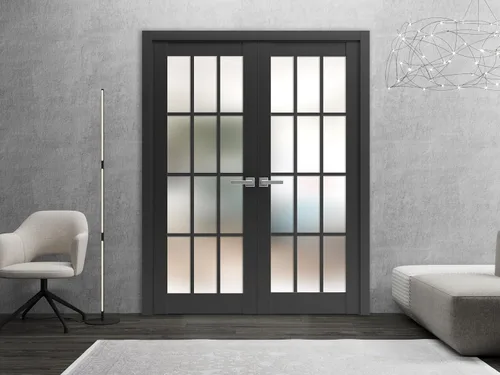 Vista 2 de SARTODOORS Felicia 3312 Puertas francesas interiores de doble oscilación con vidrio esmerilado, madera maciza, accesorios incluidos, 60x96, negro