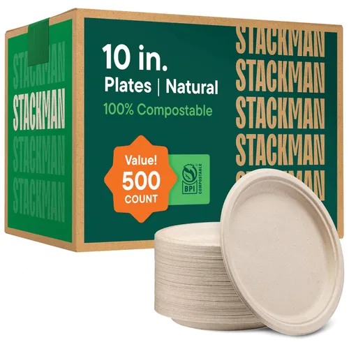 Vista 12 de Platos de papel 100% compostables de 7 pulgadas [1000 unidades] - Platos de postre resistentes - Bagazo sin blanquear de color marrón natural