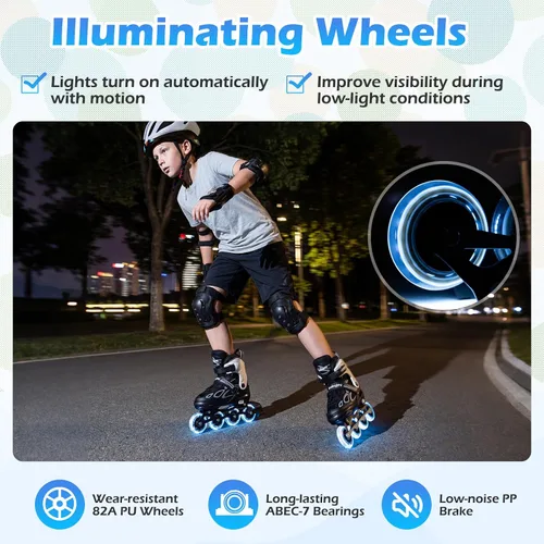 Vista 4 de BABY JOY Patines en línea, 4 tamaños ajustables para niños con ruedas iluminadas para niños de 5 a 14 años, divertidos patines iluminadores