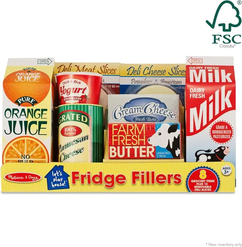 Vista 3 de Melissa & Doug - Cajas de alimentos de juguete para llenar el refrigerador (8 piezas), alimentos de madera para jugar, alimentos de simulación