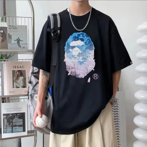 Vista 5 de Camisa Hip Hop Sakura Print Manga Corta Shark Ape Camiseta Cuello Redondo Dibujos Animados Algodón Top Hombres y Mujeres Jóvenes