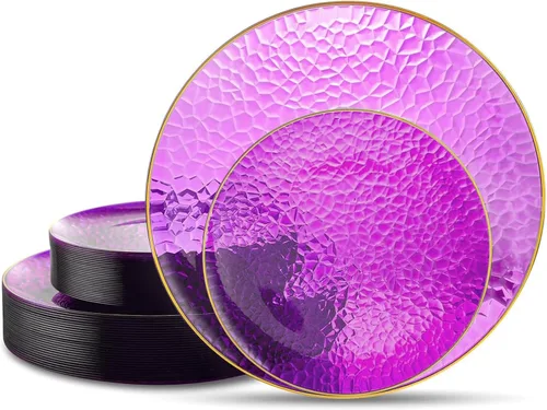 Vista 13 de Hioasis 60 piezas de platos de plástico negro - Juego de vajilla desechable con borde dorado, martillado, resistente, adecuado para 30 invitados