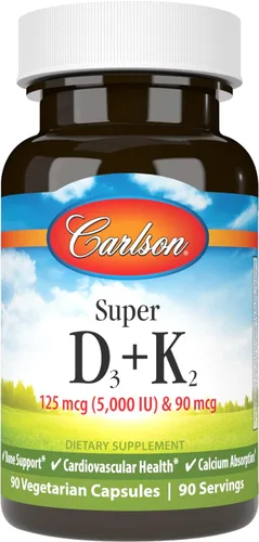 Vista 8 de Carlson - Super D3 + K2, 125 mcg (5000 UI) de vitamina D3, 90 mcg de vitamina K2 como MK-7, soporte óseo, absorción de calcio, 45 cápsulas