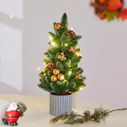 Vista 8 de Decoración de Árbol de Navidad Pequeño de Arpillera con Luces - Mini Árbol Artificial de Mesa Central para Decoraciones Navideñas de Interior Casa