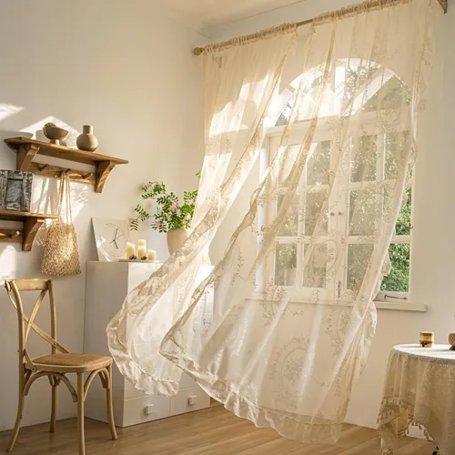 Vista 8 de Sutuo Home Juego de 2 cortinas de encaje beige, paneles transparentes de 63 pulgadas de largo, bordado floral de rosas, tratamiento de ventana