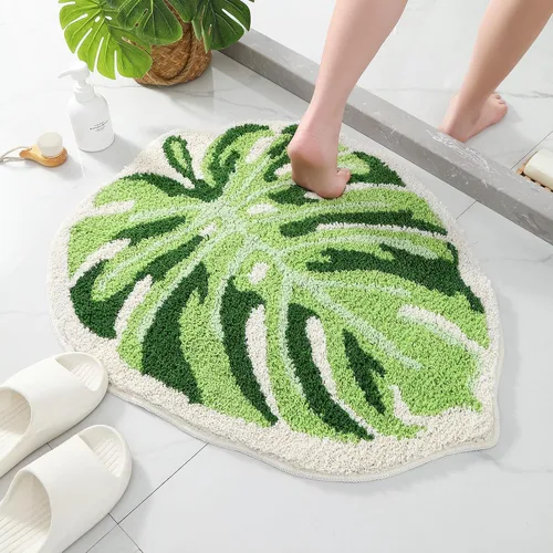 Vista 2 de Litabel Juego de Alfombras de Baño de Hoja Verde de 2 Piezas, Lindas Alfombrillas de Baño Antideslizantes en Forma de Monstera de Felpa, Juego