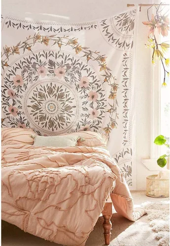 Vista 2 de Tapiz bohemio naranja para colgar en la pared, medallón floral de mandala, tapiz hippie con diseño de corona estética marrón claro, manta de Crema