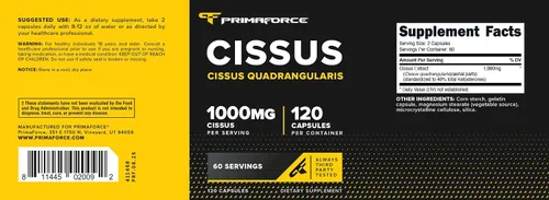 Vista 5 de PrimaForce Extracto de Cissus Quadrangularis, 120 cápsulas, 1000 mg por porción, sin gluten, sin OMG
