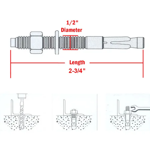 Vista 3 de Anclaje de hormigón de 1/2" x 2-3/4", anclaje de cuña de acero inoxidable 304 con excelente rendimiento antioxidante, kit de anclajes y tornillos