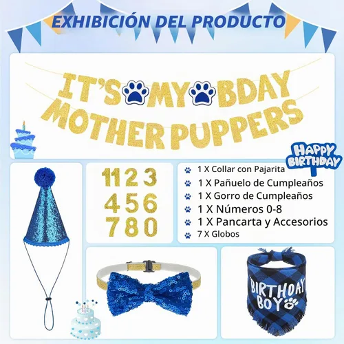 Vista 6 de SCENEREAL Suministros para fiesta de cumpleaños para perros, bandana de cumpleaños para perro, juego de collar de pajarita con números de Niño azul