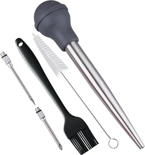 Vista 9 de Baster de Pavo, Baster de Pavo de Acero Inoxidable, Conjunto de Baster Inyector de Carne con Jeringa con 2 Agujas y 2 Cepillos de Limpieza