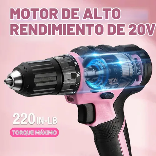 Vista 4 de WORKPRO Taladro Atornillador Inalámbrico Rosa de 20V y Juego de Herramientas para el Hogar, Kit de Herramientas Manuales de 141 Piezas