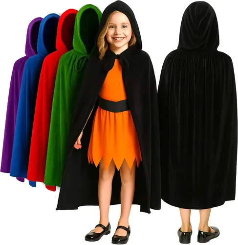 Vista 9 de ArtCreativity Capa de terciopelo con capucha para niños, 4 pies de largo, capa negra profunda con capucha y cierre de cuerda, accesorios medievales