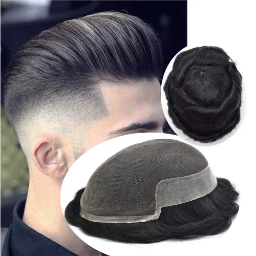 Vista 23 de Toupee para hombres sistemas de reemplazo de piel sintética con encaje suizo para hombre, nudos blanqueados, línea capilar natural para hombres
