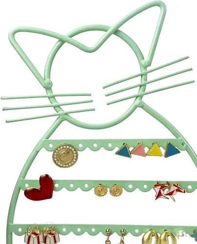 Vista 8 de ERYTLLY Organizador de aretes, organizador de aretes en forma de gato, con base de madera, organizador de collares, 47 agujeros para aretes, soporte