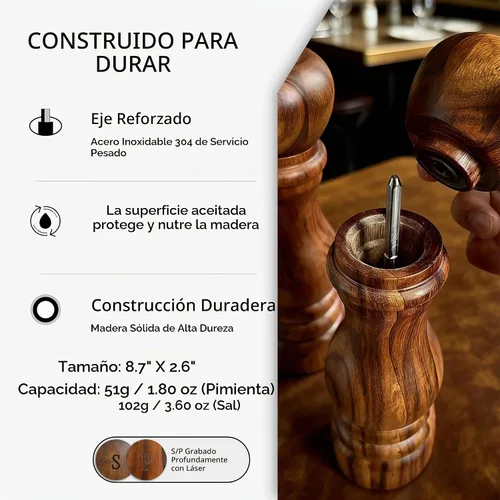 Vista 6 de Molinillo de pimienta de madera, molinillo de pimienta manual con núcleo de acero inoxidable, pimentero recargable con cuerpo de madera de acacia