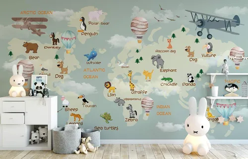 Vista 2 de Murwall Nursery Wallpaper For Kids World Map Wall Mural Cartoon Animals and Hot Air Balloon Wall Print Children Rooms Boys Girls Bedroom Play Room