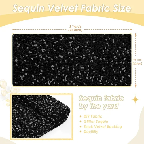 Vista 2 de The Yard - Tela de terciopelo con lentejuelas negras de 2 yardas, material grueso brillante para coser ropa de novia, vestidos, disfraces, vestidos