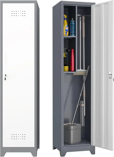 Vista 10 de Armario para escobas, armarios de almacenamiento para escobas con cerradura, gabinete de organización de garaje de metal de 65 pulgadas, gabinete