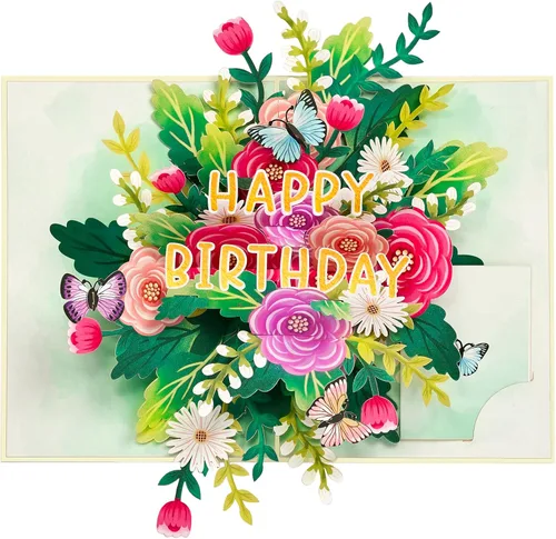 Vista 3 de POPWOW Tarjeta desplegable de feliz cumpleaños, flores y mariposas, tarjeta de felicitación 3D floral, regalo para mamá, hermana, mujer, abuela