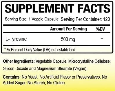Vista 4 de L-tirosina 500 mg 120 cápsulas vegetales fabricadas en Estados Unidos sin OMG, tirosina libre de gelatina