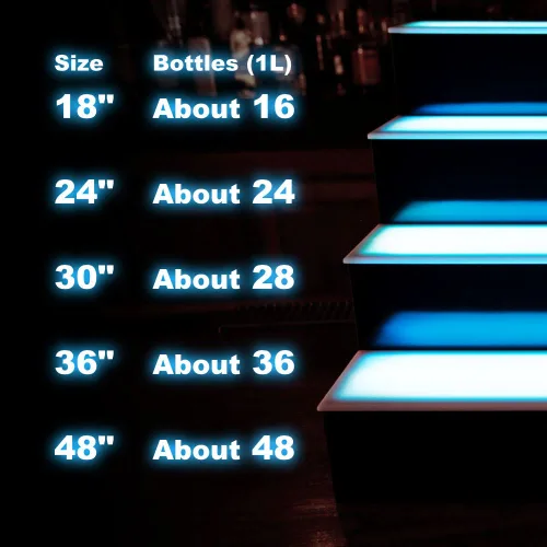 Vista 7 de BARCONIC® Estante de exhibición LED para botellas de licor, perfil bajo, 4 niveles (escalón), 18 pulgadas