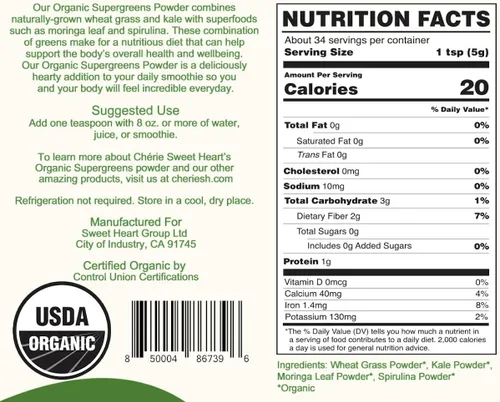 Vista 2 de Cherie Sweet Heart Supergreens Powder – Superfood Green – Polvo de verduras orgánicas Super Greens – Polvo de batido – Superalimento en polvo