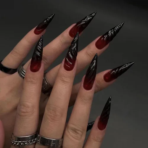 Vista 18 de BABALAL - Uñas postizas largas a presión, uñas postizas negras y rojas, uñas acrílicas de almendra con diseño gótico de vampiro, uñas adhesivas