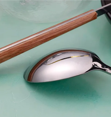 Vista 7 de Juego de cubiertos de madera de 32 piezas para 6 personas con mango de madera de imitación de madera de acero inoxidable para boda, hogar, cocina