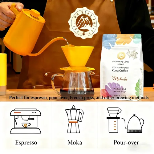 Vista 5 de Hawaiian Kona - Granos de café 100% Kona de grado seleccionado, tostado medio oscuro, grano entero, directo de la granja, ideal para expreso, goteo