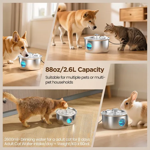 Vista 5 de Fuente de agua para gatos de acero inoxidable: fuente para gatos de 2,6 L para beber - Fuente de agua para mascotas para gatos en interiores - Tazón