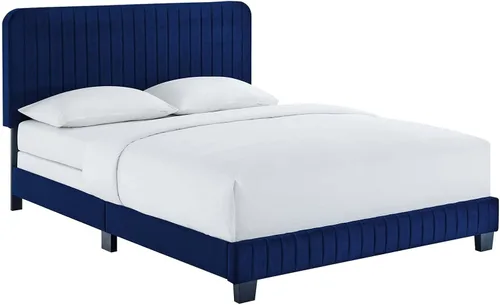 Vista 3 de Modway Celine - Cama Queen de terciopelo copetudo con canal en color azul marino