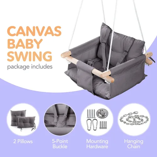Vista 3 de CaTeam Asiento de columpio de lona para bebé con cinturón de seguridad de 5 puntos, columpio colgante de madera para niños pequeños, interior y Gris